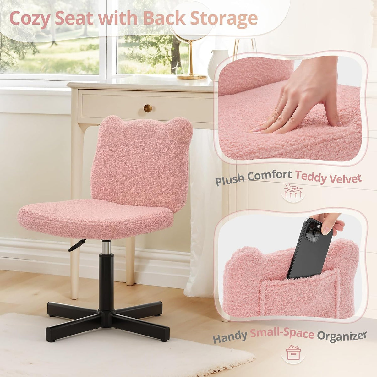 LUE BONA Adjustable Vanity Stool Chair with Girly Bear Ear Wide Back, 360° Swivel Vanity Stool for Makeup Room, Upholstered Teddy Velvet Ottoman for Teen Girls, 350lbs, Pink