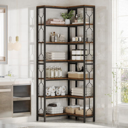 Tribesigns Corner Shelf, 7-Tier Industrial Corner Bookshelf and Bookcase | Freestanding Display Shelf for Living Room, Wood and Metal Corner Book Shelves, Corner Bookcase for Home Office, Rustic Brown