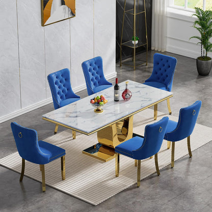 SSLine 68'' Marble Dining Table,Luxury Rectangular Kitchen Dining Room Table,Dining Table for 4-8 People with Gold U-Shape Stainless Steel Base for Kitchen Apartment
