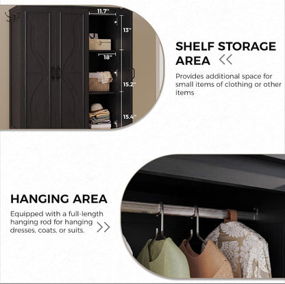 LIKIMIO Armoire Wardrobe Closet with 4 Doors and Drawers, Black