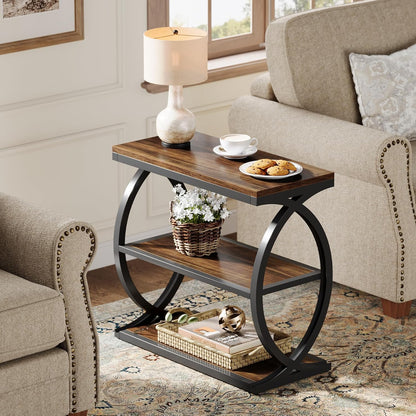 Tribesigns End Table, Narrow 3-Tier End Table for Living Room, Industrial Wooden Side Table with Metal Frame, Small Bedside Nightstand for Bedroom, Small Spaces, Rustic Brown