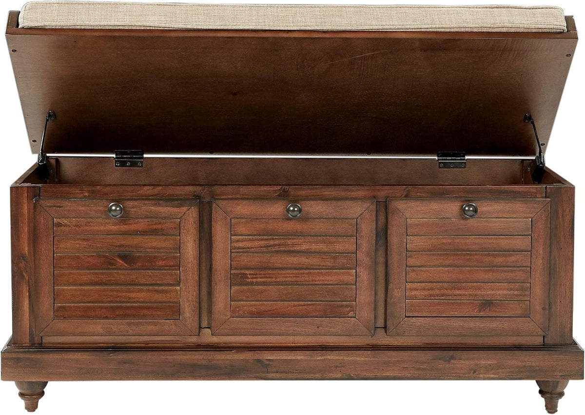 OSP Home Furnishings Dover Coastal Lift-Top Storage Bench with Shutter Face Styling, Distressed Brown Finish with Beige Linen Fabric Cushion