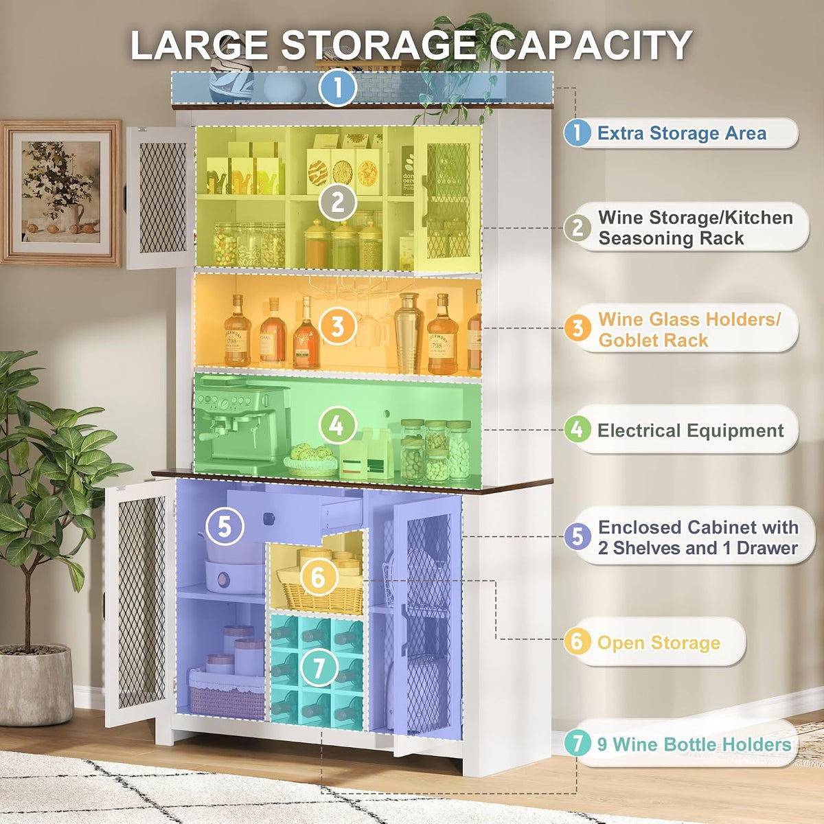 Homy Casa 71" Tall Pantry Cabinet with Hutch 47.1" Wide Buffet Sideboard with Wine Rack Glass Holders Drawer LED Lights and Charging Station for Kitchen Dining Room and Living Room
