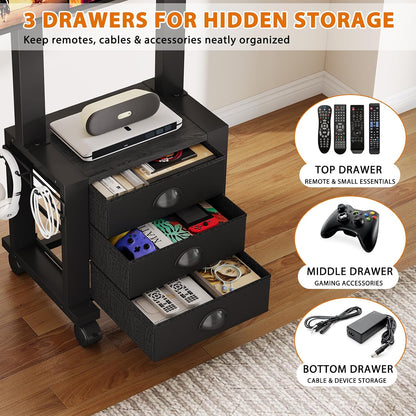 Rolling TV Stand with 3 Drawers for 23-60 Inch TVs with Storage | Hidden Storage, Height Adjustable Tilt Mount, Lockable Wheels, Dual Steel Frame, VESA Compatible for Bedroom & Living Room