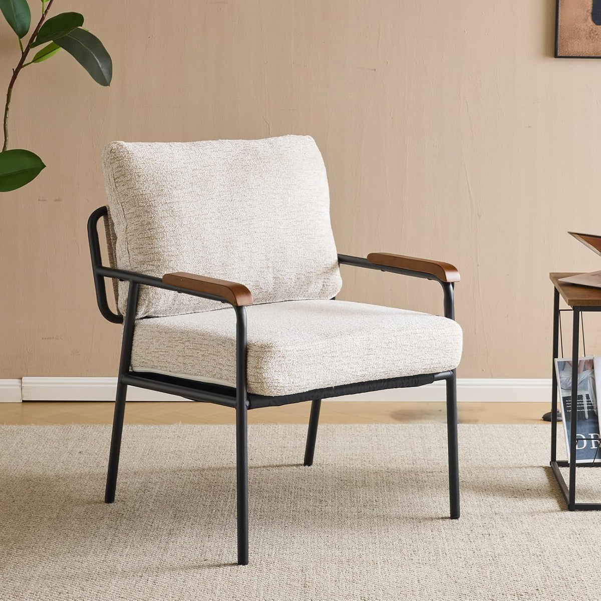 VINGLI Mid-Century Modern Accent Armchiar for Small Space, Small Comfy Upholstered Leisure Reading Chair with Wood Armrest for Bedroom, Living Room, Waiting Room, Linen Beige