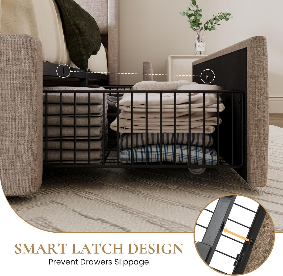 SHA CERLIN Queen Size Storage Bed Frame with 4 Oversized Drawers, Modern Wingback Headboard with Storage Shelf & Charging Station, No Box Spring Needed, Easy Assembly, Beige