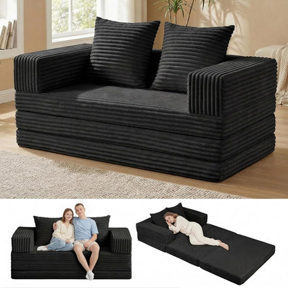 Convertible Sofa Bed, 4-in-1 Loveseat with Removable Armrests Backrest, Corduroy Futon Couch Bed with Pillow, Foldable Mattress Sleeper Sofa for Living Room Bedroom Small Place (Black)