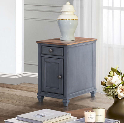 Bridgevine Home Americana 14” Chairside Table – Narrow Farmhouse End Table with Drawer & Cabinet Storage, Fully Assembled Accent Table, Corduroy Blue Finish, Antique Pewter Hardware