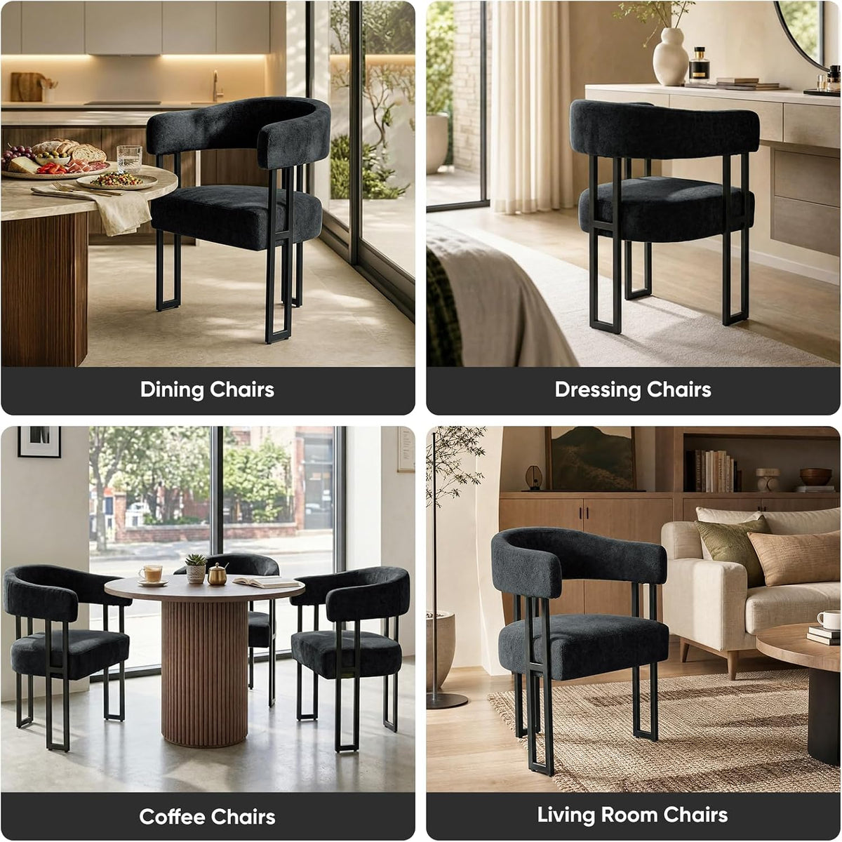 Dining Chairs Set of 2, Boucle Upholstered Kitchen Chairs with Metal Leg | Elevated Backrest Armchairs Mid Century Modern Barrel Chair for Living Room, Dining Room, Farmhouse, Coffee, Black