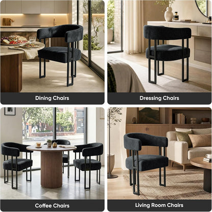 Dining Chairs Set of 2, Boucle Upholstered Kitchen Chairs with Metal Leg | Elevated Backrest Armchairs Mid Century Modern Barrel Chair for Living Room, Dining Room, Farmhouse, Coffee, Black
