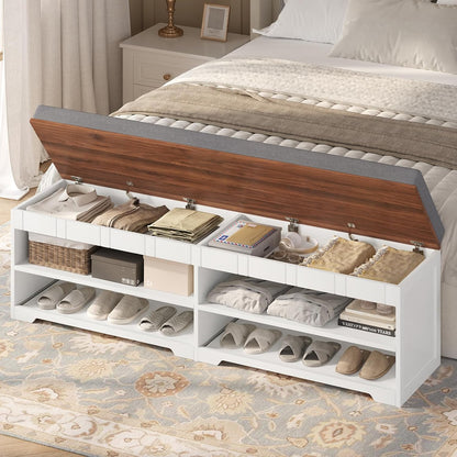 UPOSOJA 60" Farmhouse 2-Tier Storage Bench with Drawer, Entryway Bench & End of Bed, Lift-Top Storage Chest, Cushion, Adjustable Shelf for Entryway, Bedroom, Living Room (White)