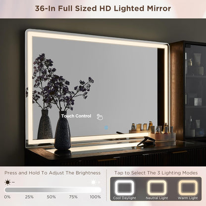 T4TREAM Fluted Makeup Vanity Desk with 36" HD Lighted Mirror, 48" Big Modern Vanity Desk with Mirror and Lights, Dressing Table with 5 Drawers & Shelves, Glass Top for Bedroom, Dark Walnut