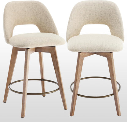 Zesthouse Swivel Bar Stools Set of 2, Wood Counter Height Chairs with Backs | 26" Wooden Bar Stools with Distressed Solid Wood Leg, Upholstered Linen Fabric Barstools, Vintage Kitchen Island Chair, Beige