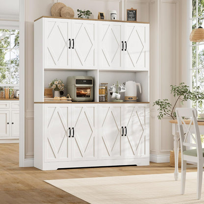 HOSTACK 71" Tall Pantry Cabinet, 55" Wide Kitchen Pantry Storage Cabinet, Large Kitchen Hutch with 2 Microwave Stands, Farmhouse Coffee Bar Station with Doors and Shelves for Dining Room, White