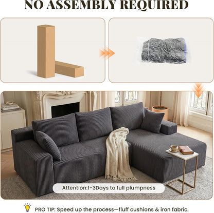 GRUSIGN Cloud Sectional Couches for Living Room, Modular L Shaped Couch with Deep Seat Oversized Right Facing Chaise, Memory Foam Compressed Spineless 3 Seater Sofa, Wide-Striped Grey