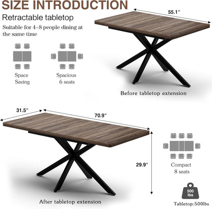 Extendable Dining Room Table for 4 6 8, 55"-70.9" Kitchen Table Rectangle Wood, Expandable Dining Table with Hidden Storage, Space Saving Farmhouse Kitchen Table for Kitchen Dining Living Room