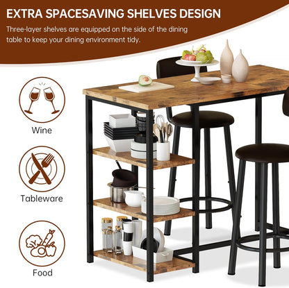 Recaceik Pub Dining Table Set for 2, Table and Bar Stools with 3 Storage Shelves, MDF Board & PU Leather Backrest Chairs, 3 Piece Dining Set for Small Space, Apartment, Kitchen Island, Brown