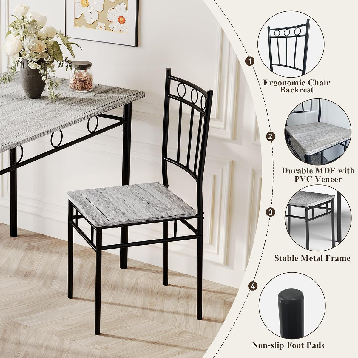 5 Piece Dining Table Set, Modern Metal&Wood Kitchen Dinner Table with 4 Chairs, Dining Room Table Sets for Small Spaces, Gray