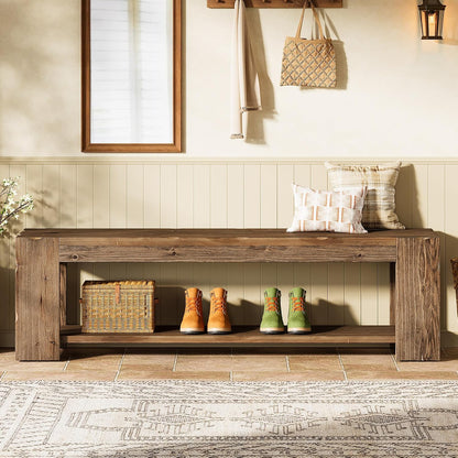 Solid Wood Entryway Bench with Storage Shelf, 55.12-Inch 2-Tier Wood Shoe Bench Seating for Entrance, Hallway, Dining Room, Living Room, Mudroom, Bedroom, Rustic Brown