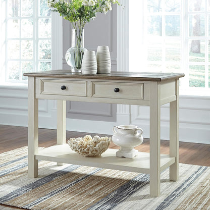 Signature Design by Ashley Bolanburg Farmhouse Sofa Console Table, White | Two-tone wood console, 22-inch deep storage, 2 smooth drawers, Made of veneers, wood and engineered wood