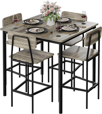 Kitchen Table and Chairs of 4, 5 Piece Dining Table Set | Sturdy Industrial Space Saving Dinette Set for Pub, Family Dinners, Apartment, Gray