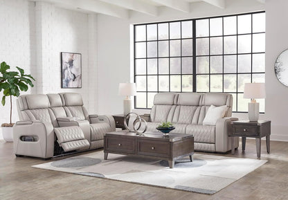 Signature Design by Ashley 3-Seat Power Reclining Sofa, Heat, Massage, Gray | Combination of leather and faux leather, Air massage, Heated seats, Drop-down table, Zero gravity, Boyington