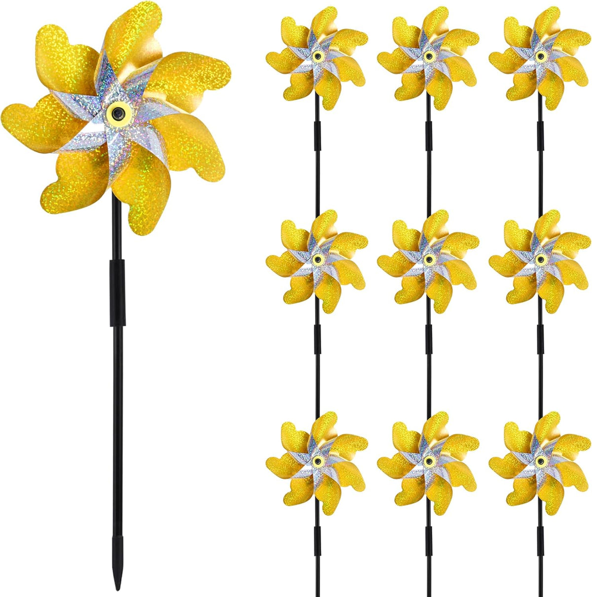 10 Pack Reflective Pinwheels with Stakes, 19.7 inch Gold & Silver Pre-Assembled Sparkle Pin Wheel for Scare Birds and Unwelcome Animals Away Form Yard, Garden, Lawn