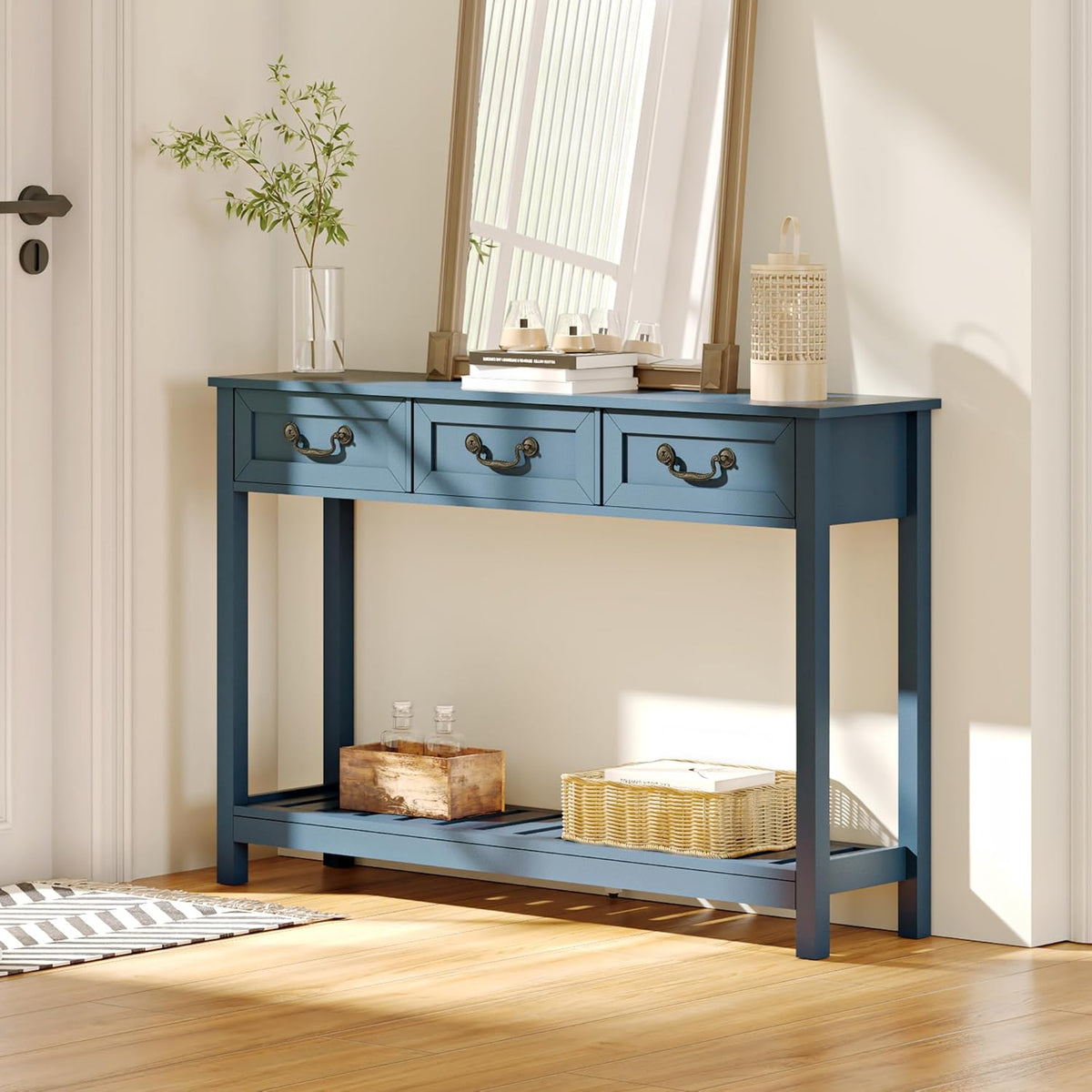 ChooChoo Console Table with 3 Drawers, Rustic Entryway Table, Narrow Long Sofa Table for Living Room, Hallway, Behind Couch, Blue