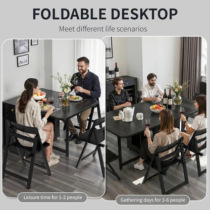 Folding Dining Table and Chairs - 51" Fully Assembled Drop Leaf Table 4-6 Seater with Storage and Lockable Wheels, Space-Saving Set with 4 Chairs for Kitchen or Dining Room (Black)