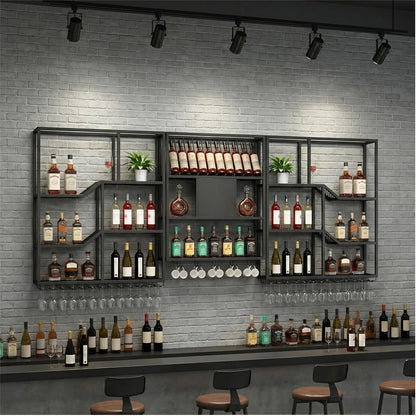 79" Large Metal Wine Rack Wall Mounted, 3 Tier Liquor Shelf & Liquor Rack Wall Mounted with LED Light, Bar Shelf for Liquor Bottles & Glass Holder for Dining Room,Home Bar,Black