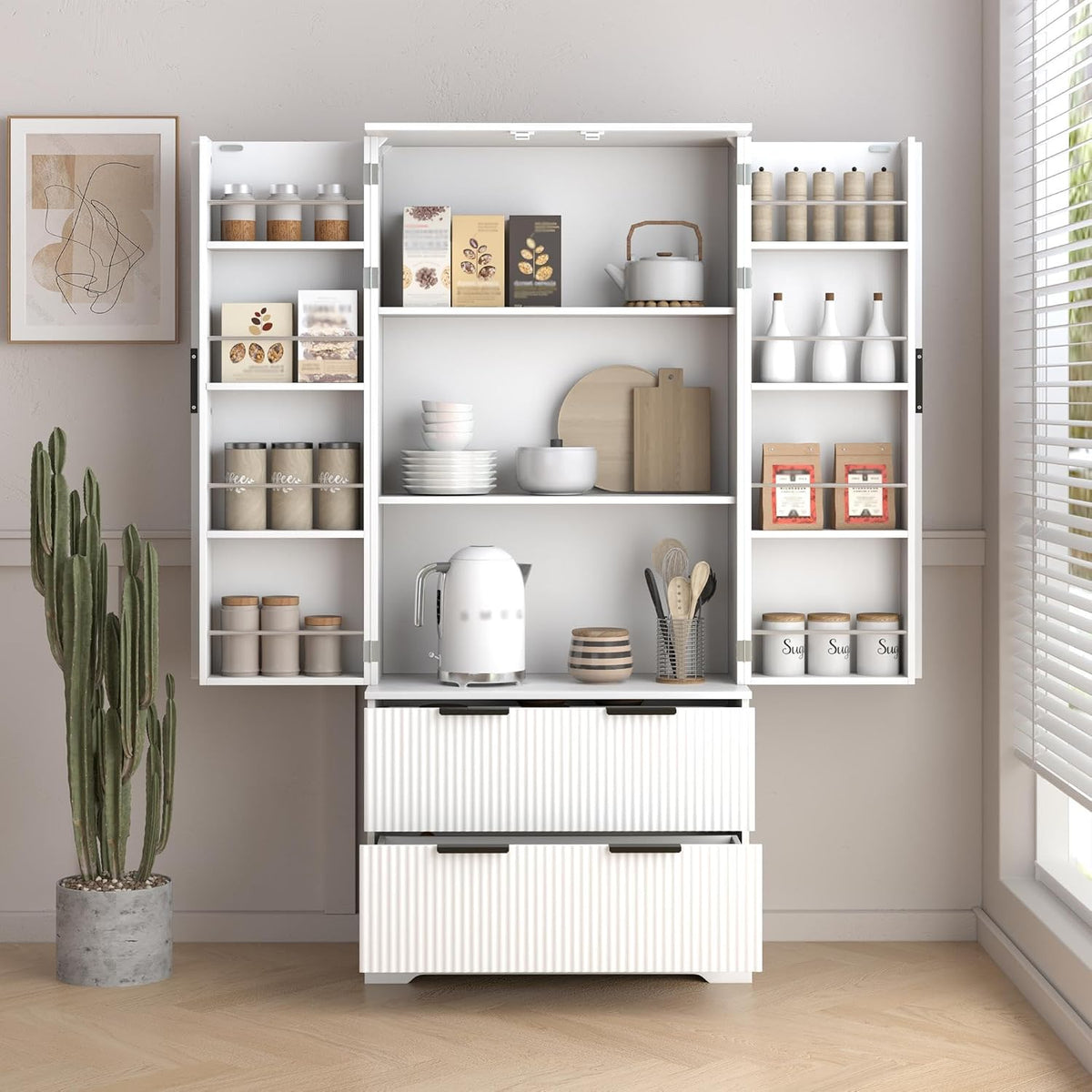 72" Modern Fluted Kitchen Pantry Cabinet, Freestanding Food Storage Cupboard with 2 Large Drawers & 8-Door Spice Rack,Storage Organizer for Kitchen, Bathroom, Dining Room,White
