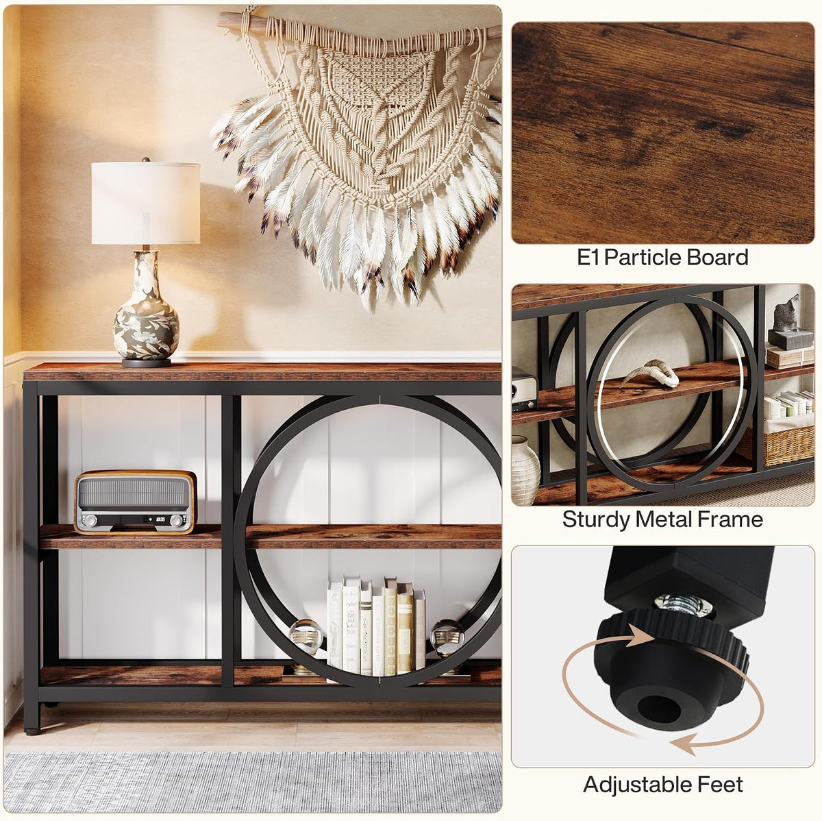 Tribesigns 70.9 Inch Extra Long Console Table for Entryway, Sofa Table Behind Couch with 3 Tier Wood Storage Shelves Industrial Metal Frame for Living Room Hallway Entryway, Brown Black