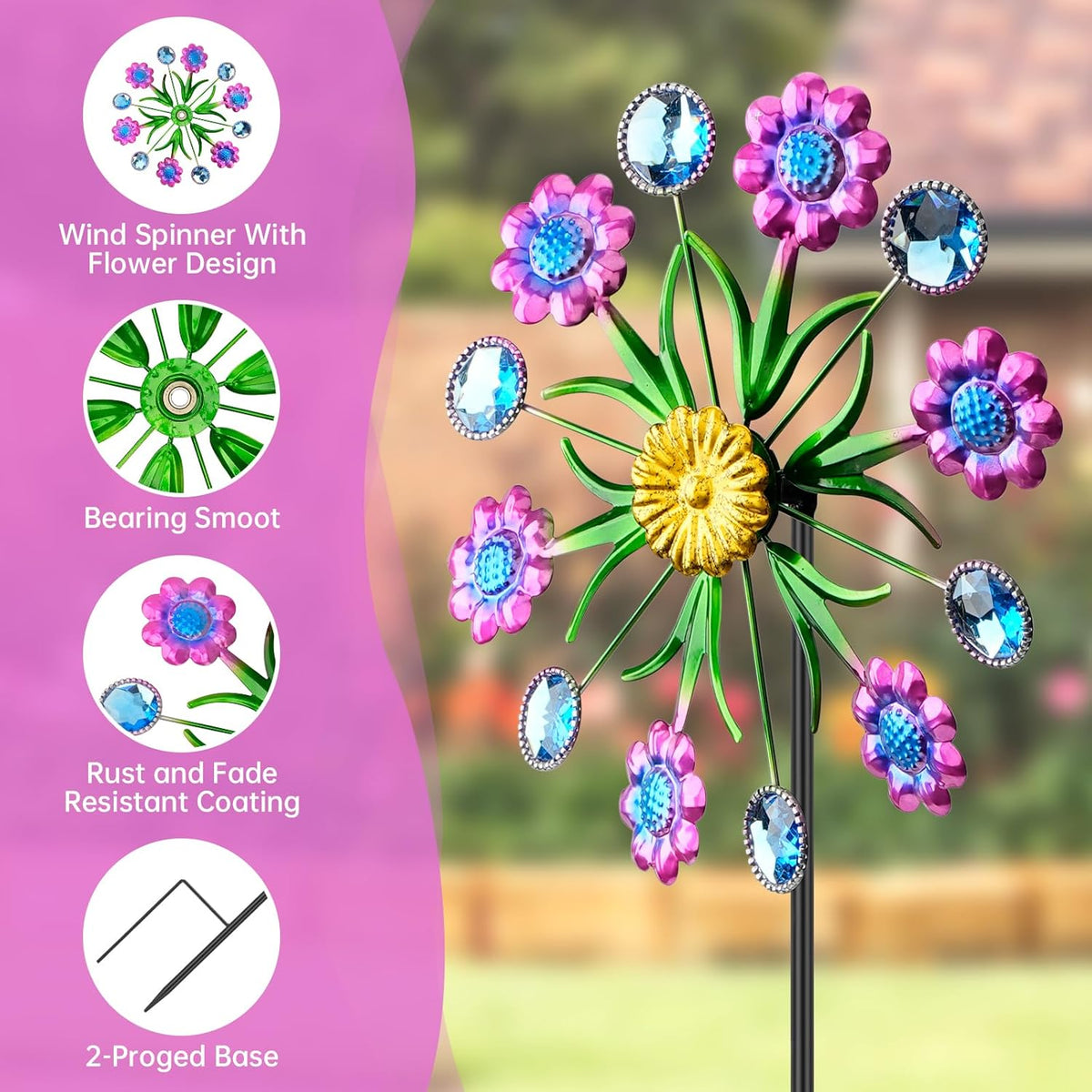 Purple Flowers Outdoor Wind Spinner, 36" Metal Wind Sculpture with Stake, Wind Spinners for Yard and Garden Lawn Patio Decor