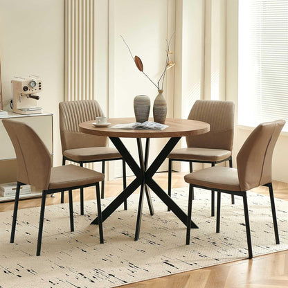 37" Round Dining Table Set for 4, Mid Century Modern Small Coffee Set for Dining Room Kitchen Apartment (Walnut Table + 4 PU Leather Beige Chairs)