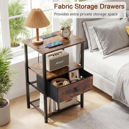 LOAKEKEL Nightstands Set of 2 with Charging Station, Side Tables Bedroom | Night Stand Set 2, End Tables Living Room with Type-C, Fabric Drawer & Open Shelves, Rustic Brown