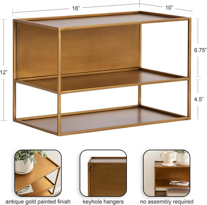 Kate and Laurel Nomi Modern Metal Floating Side Table with Storage, 18 x 10 x 12, Gold, Contemporary Tiered Floating End Table for Use as Wall Shelf for Small Spaces