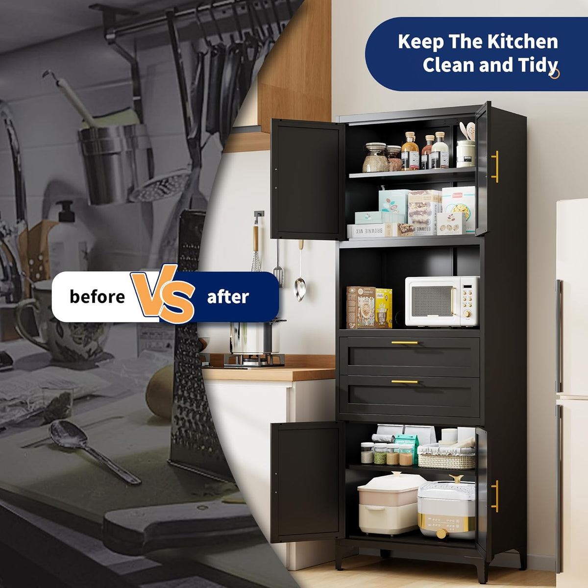 75” Tall Kitchen Pantry Storage Cabinet, Metal Storage Cabinet with 2 Drawers and Adjustable Shelves, Kitchen Pantry Cupboard, Freestanding Cupboard for Bathroom, Living Room(Black)