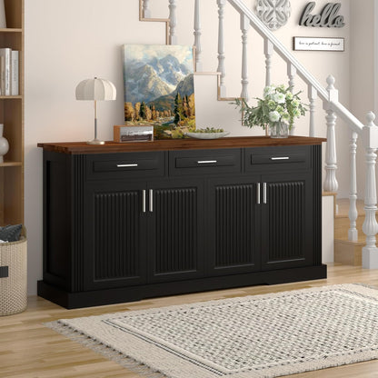 KEIKI 63" Fluted Sideboard Buffet Cabinet with Storage – 4 Doors, 3 Drawers, Adjustable Shelves, Kitchen Buffet, Cabinet for Dishes, Kitchen Console Cabinet, Black