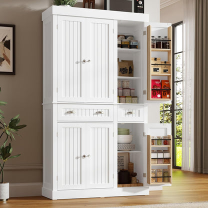 71" Tall Kitchen Cabinet Pantry Storage,Modern Kitchen Hutch Cabinet with Doors and Adjustable Shelves,Large Freestanding Food Pantry with 2 Drawer for Dining Room, Living Room, Hallway,White