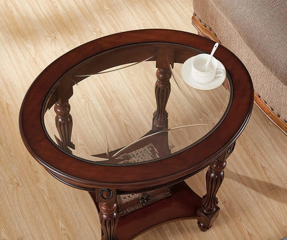 Vintage Solid Wood Oval End Table with Tempered Glass Top, 28"x24" Side Table with Carved Edge, Cherry Walnut Finish for Living Room