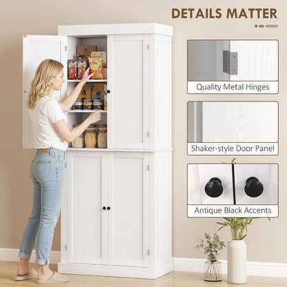 HOMCOM 72.5" Tall Kitchen Pantry Cabinet, Freestanding Modern Farmhouse Kitchen Storage Cabinet with 4 Doors and 2 Adjustable Shelves for Dining Room, White Wood Grain