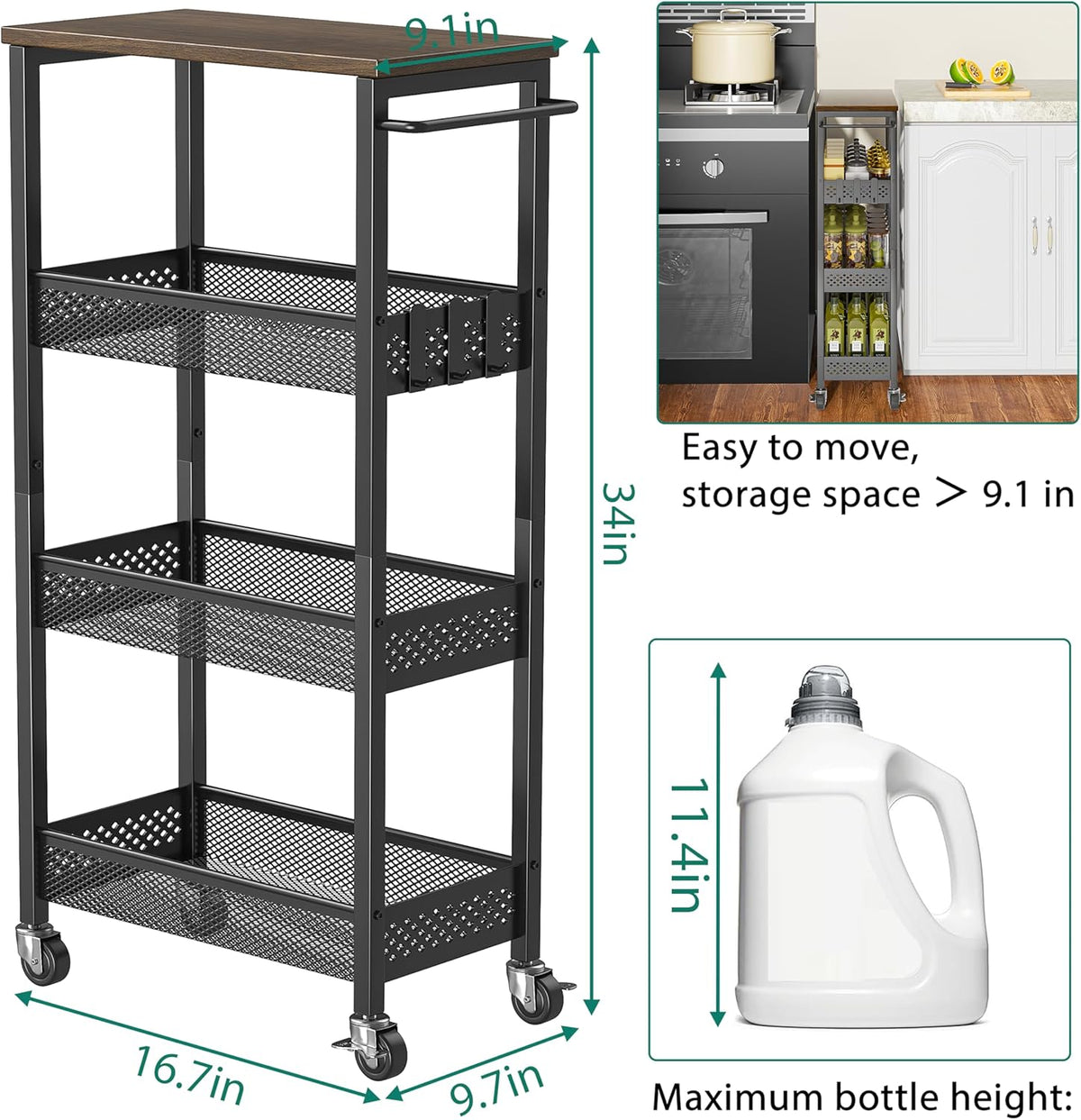 XYZLVSI Slim Rolling Storage Cart, 4 Tier Small Bathroom Cart Organizer | 9.1" W narrow storage cabinet with wooden top and metal handle, ideal for kitchen/dorm, between washer and dryer storage
