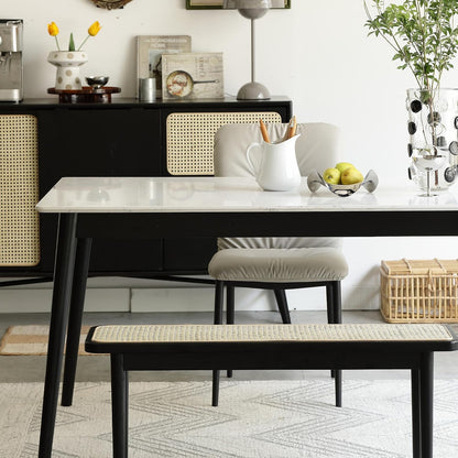 GDFStudio 47.24" Solid Oak Wood Dining Bench with Handwoven Rattan Seat, Modern Mid-Century Entryway Bench, End of Bed Bench for Bedroom Living Room, Black