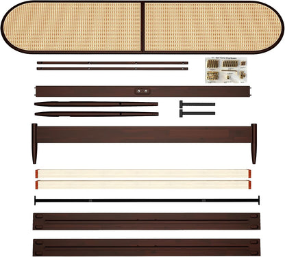 Queen Size Solid Wood Bed Frame, Rattan Boho Headboard, Dark Walnut