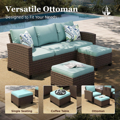 HERA'S HOUSE Outdoor Wicker Ottoman Set of 2, Patio Footstool Footrest Seat with 4" Cushions, 2 Pieces Brown Rattan Garden Stool, Blue