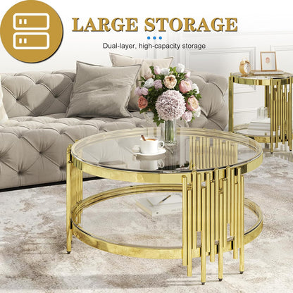 Round Glass Coffee Table Set of 3, Gold and Clear Modern Living Room Table Set, Includes 1 Coffee Table, 2 End Tables, Gold Stainless Steel Base Tempered Glass Top, Luxury Furniture for Home Office