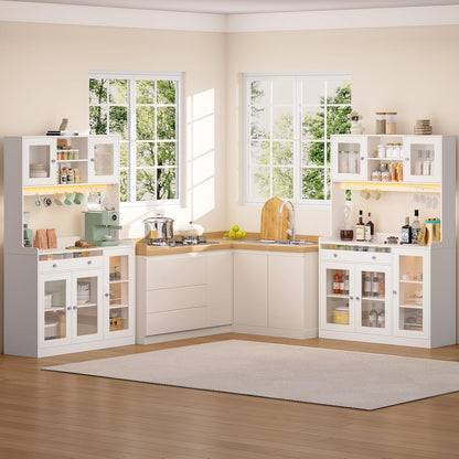 Korfile 71" Pantry Cabinet, Tall Kitchen Pantry Cabinet with Charging Station & LED Light, Kitchen Hutch with Wine Rack, Pantry Storage Cabinets with Microwave Stand for Dining Room, White