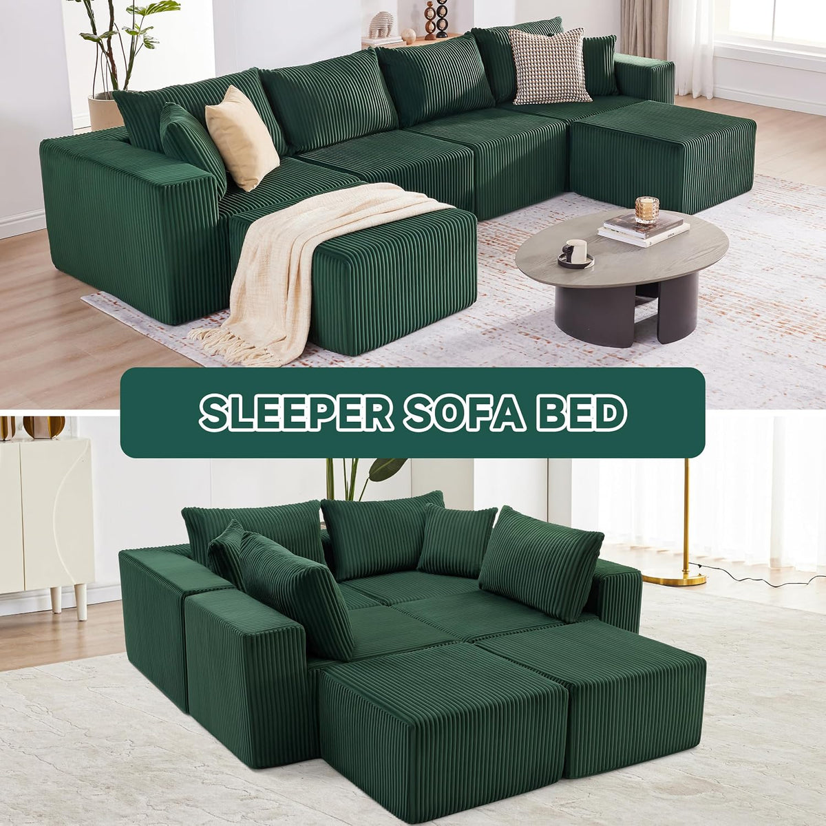 135.4" Sectional Couches for Living Room, U Shaped Couch, Green