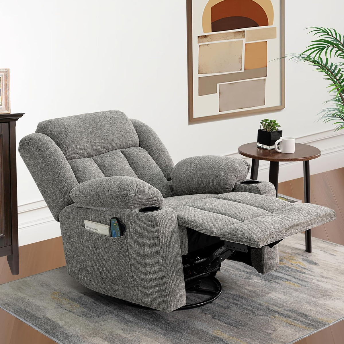 Ketaiyou Rocker Swivel Recliner Chair for Adults, Overstuffed Large Manual Recliner Glider with Massage and Heat, Comfy Soft Fabric Living Room Reclining Sofa Chair (Lime Gray1)