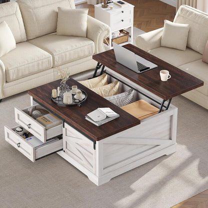 Itaar 39.4'' Lift Top Coffee Table with Storage, Farmhouse Coffee Tables for Living Room, Square Coffee Table with Large Hidden Compartment & 2 Drawers & Adjustable Shelves, Vintage White+Walnut